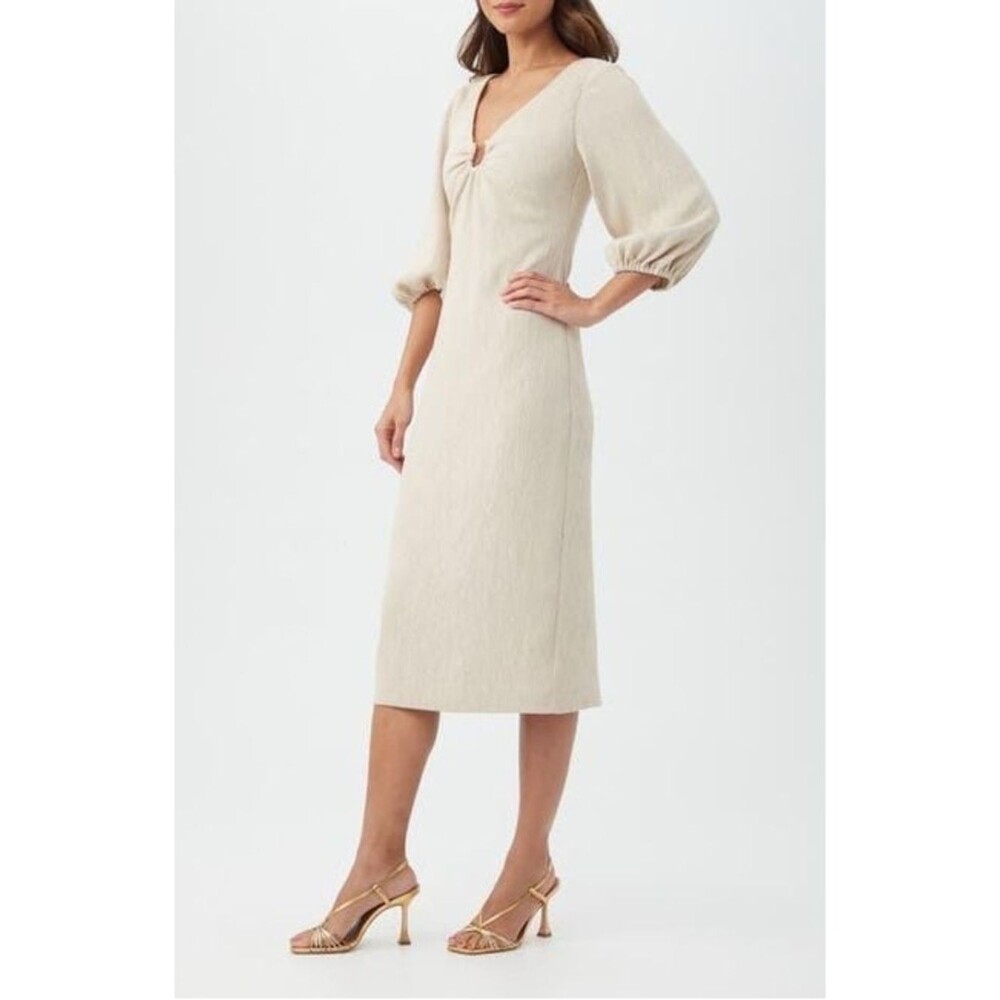 Trina Turk Beige Textured Ruched V-Neck Puff Sleeve Midi Dress 10 NWT $348